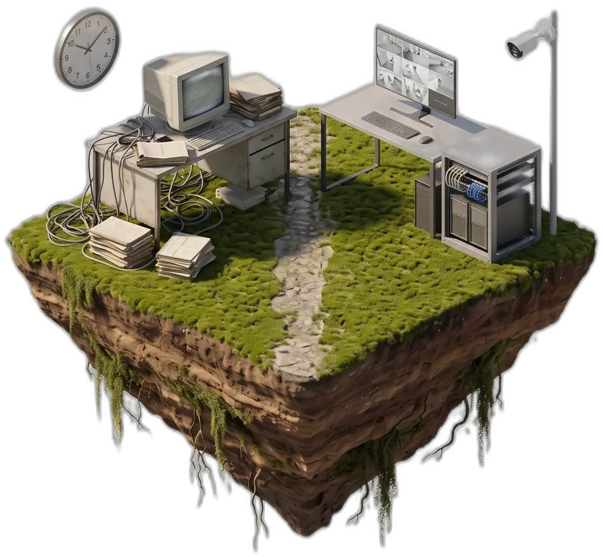 Ilustrație 3D: birou vechi cu cabluri și registre, alături de un post de monitorizare modern