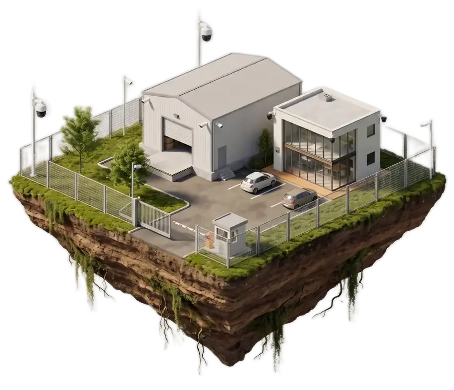 Obiectiv industrial cu camere, gard perimetral și barieră — ilustrație 3D